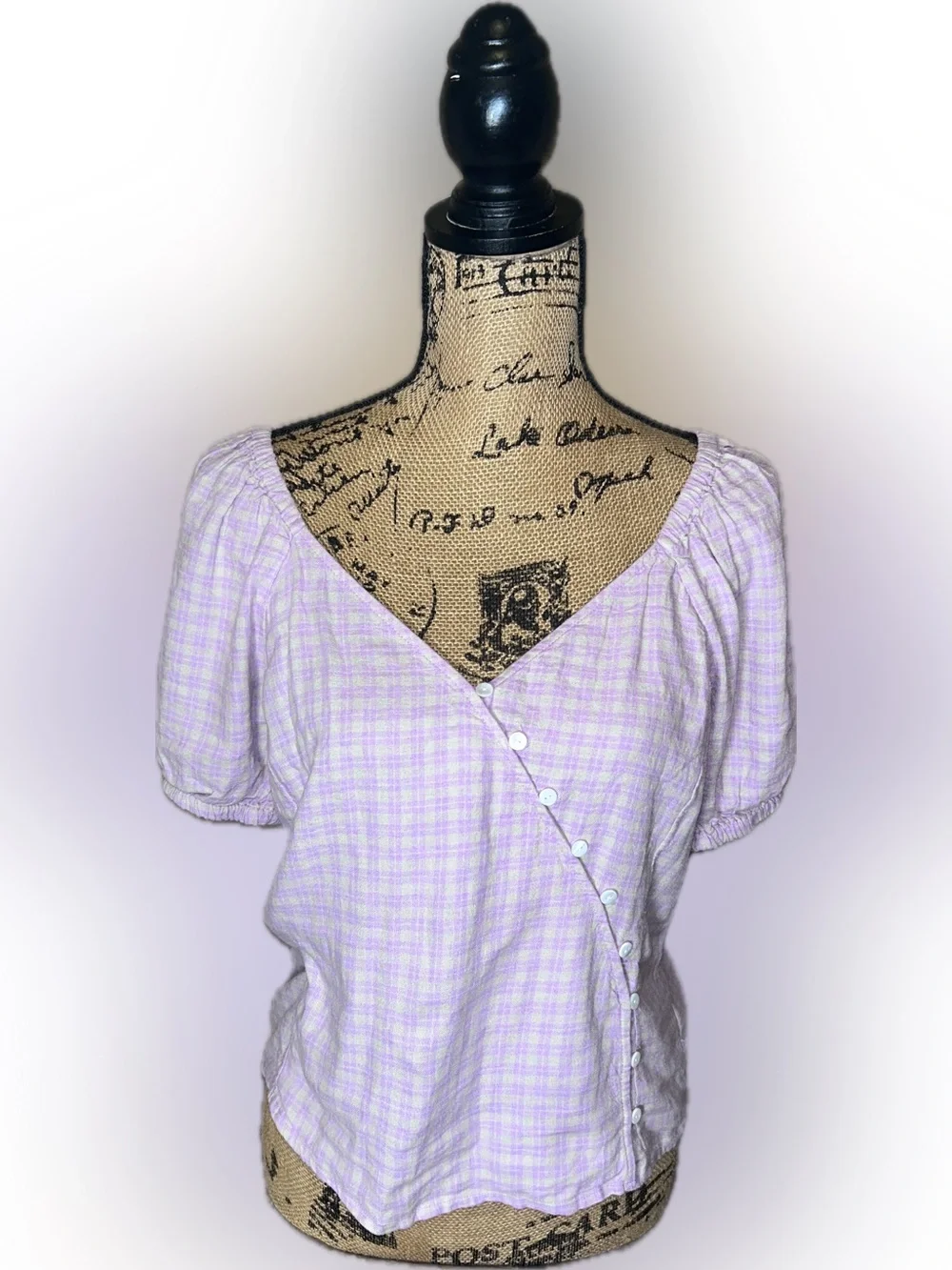Madewell Tan Pink Gingham Puff-Sleeve Linen Blend Button Wrap Cottagecore Top S